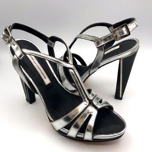 Diane Von Furstenberg DVF Silver Metallic Devon Sandal Heels